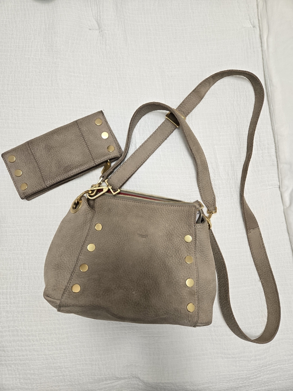 Hammitt Taupe Leather Crossbody Bag with Gold Studs And Wallet Set - Picture 2 of 10